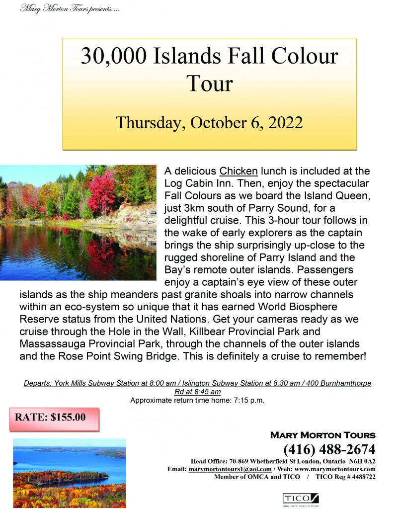 NLC and Mary Morton Tours, invitation 30,000 Island Fall Colour Cruise Parry Sound on Thursday October 6, 2022